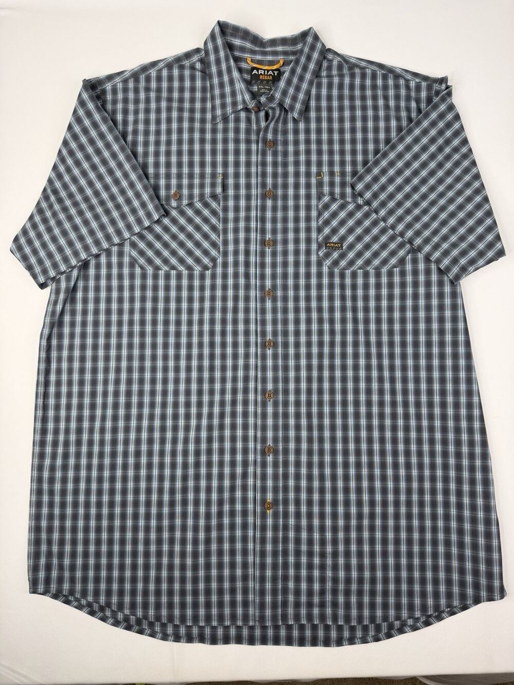 Ariat Shirt Mens 2XL XXL TALL Blue Rebar Durastretch Short Sleeve Button Up Work